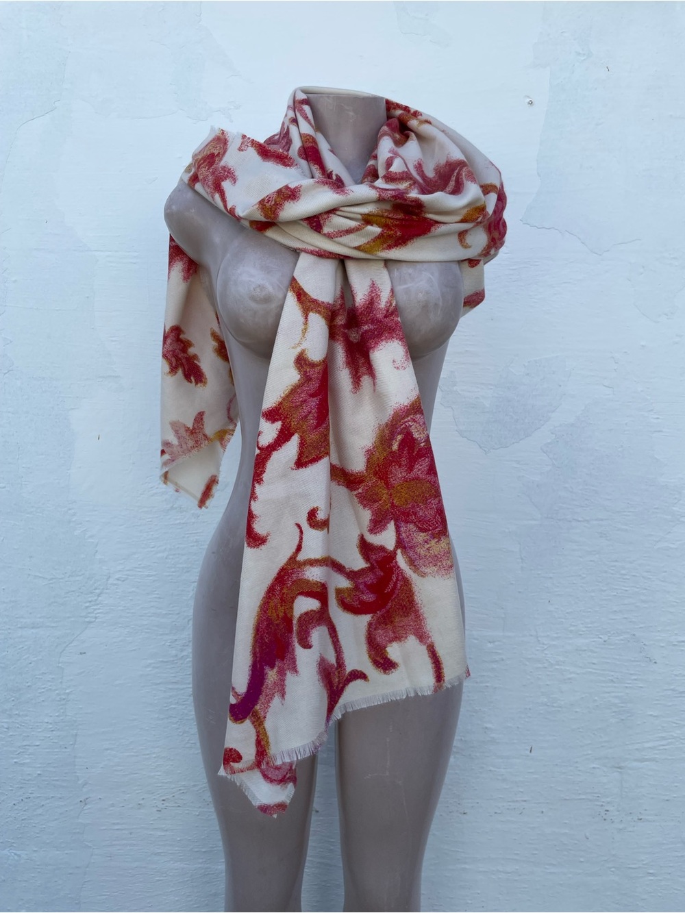 Chico's Cream Scarf with Pink and Orange Floral Motif